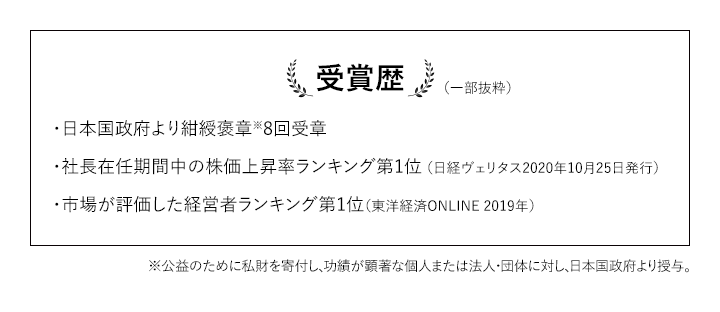 受賞歴（一部抜粋）・日本国政府より紺綬褒章※8回受章・社長在任期間中の株価上昇率ランキング第1位 （日経ヴェリタス2020年10月25日発行）・市場が評価した経営者ランキング第1位（東洋経済ONLINE 2019年）※公益のために私財を寄付し、功績が顕著な個人または法人・団体に対し、日本国政府より授与。